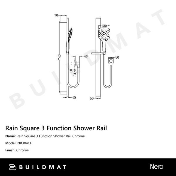 Nero Rain Square 3 Function Shower Rail Chrome