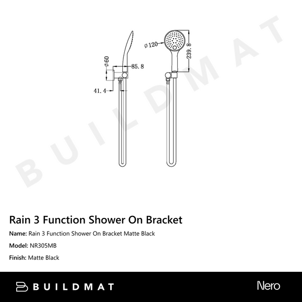 Nero Rain 3 Function Shower On Bracket Matte Black