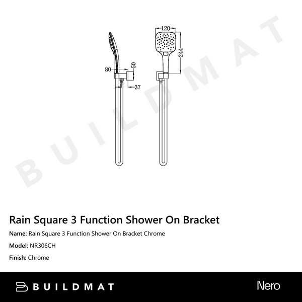 Nero Rain Square 3 Function Shower On Bracket Chrome