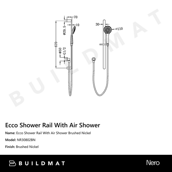 Nero Ecco Shower Rail With Air Shower Brushed Nickel