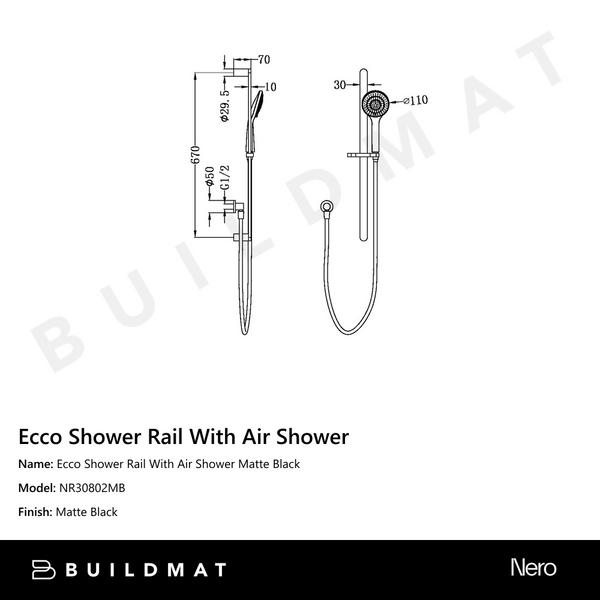 Nero Ecco Shower Rail With Air Shower Matte Black
