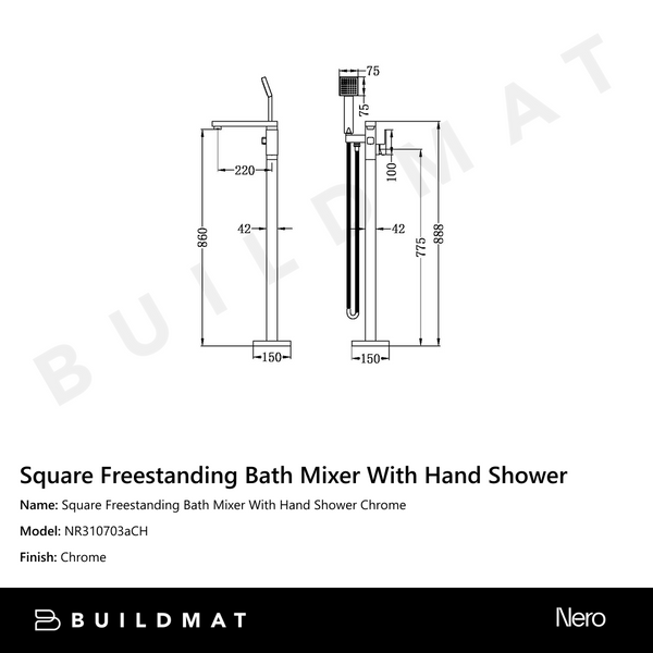 Nero Square Freestanding Bath Mixer With Hand Shower Chrome