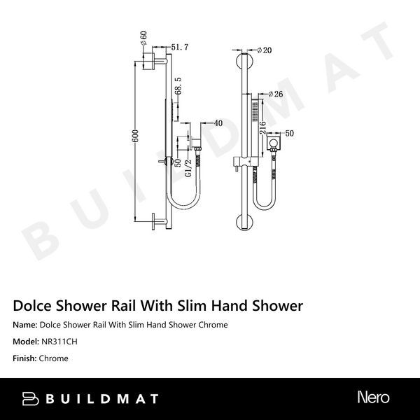 Nero Dolce Shower Rail With Slim Hand Shower Chrome
