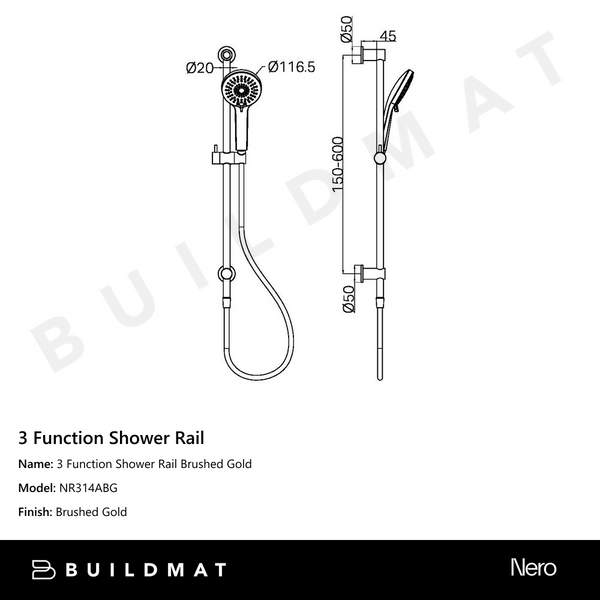 Nero 3 Function Shower Rail Brushed Gold