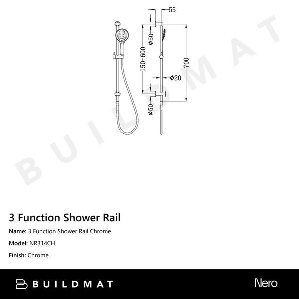 Nero 3 Function Shower Rail Chrome