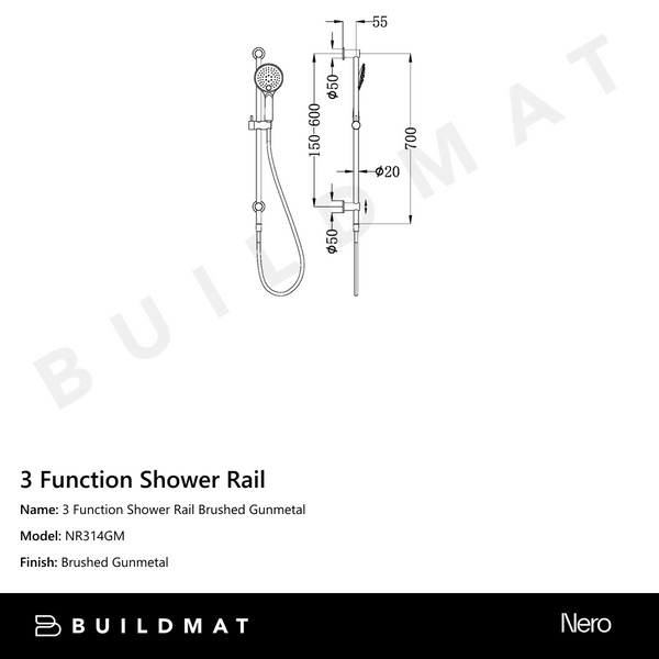 Nero 3 Function Shower Rail Gun Metal