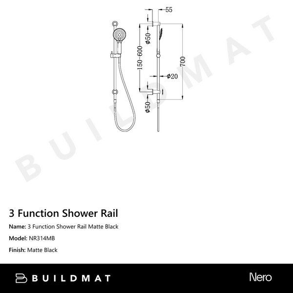 Nero 3 Function Shower Rail Matte Black