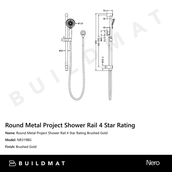 Nero Round Metal Project Shower Rail 4 Star Rating Brushed Gold