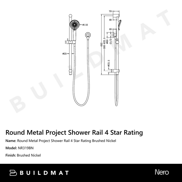 Nero Round Metal Project Shower Rail 4 Star Rating Brushed Nickel