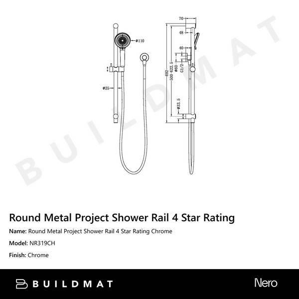 Nero Round Metal Project Shower Rail 4 Star Rating Chrome