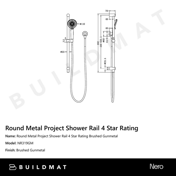 Nero Round Metal Project Shower Rail 4 Star Rating Gun Metal