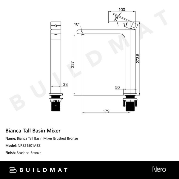 Nero Bianca Tall Basin Mixer Brushed Bronze