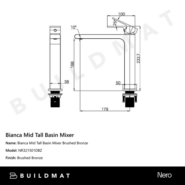 Nero Bianca Mid Tall Basin Mixer Brushed Bronze