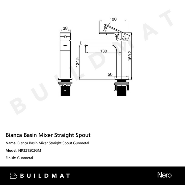 Nero Bianca Basin Mixer Straight Spout Gunmetal