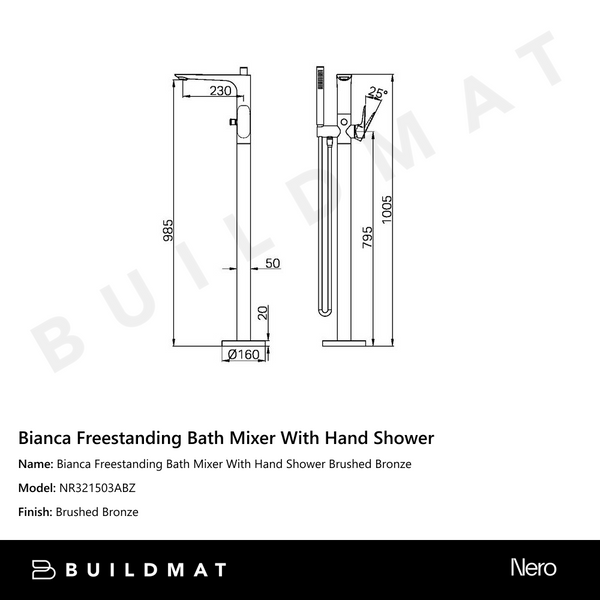 Nero Bianca Freestanding Bath Mixer With Hand Shower Brushed Bronze