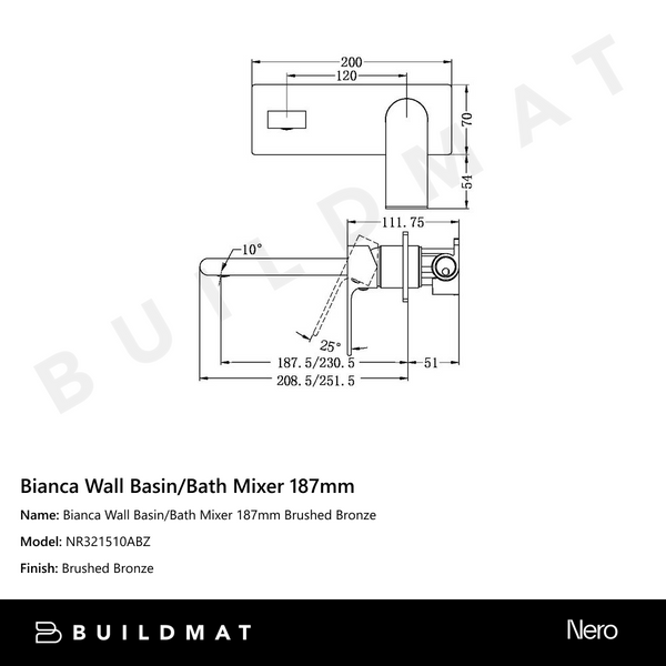 Nero Bianca Wall Basin/Bath Mixer 187mm Brushed Bronze
