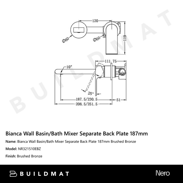 Nero Bianca Wall Basin/Bath Mixer Separate Back Plate 187mm Brushed Bronze