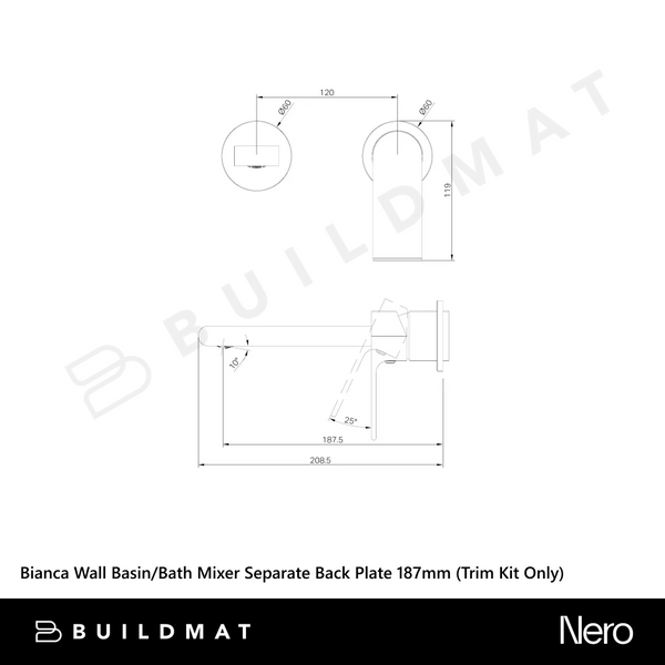 Nero Bianca Wall Basin/Bath Mixer Separate Back Plate 187mm (Trim Kit Only) Brushed Nickel