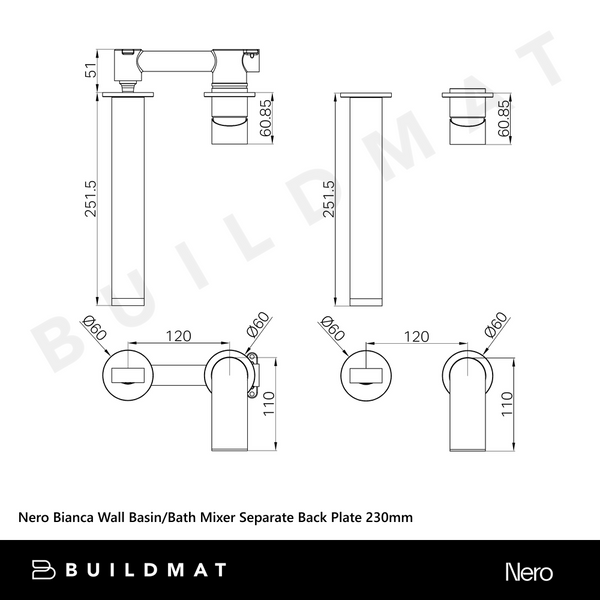 Nero Bianca Wall Basin/Bath Mixer Separate Back Plate 230mm Brushed Bronze