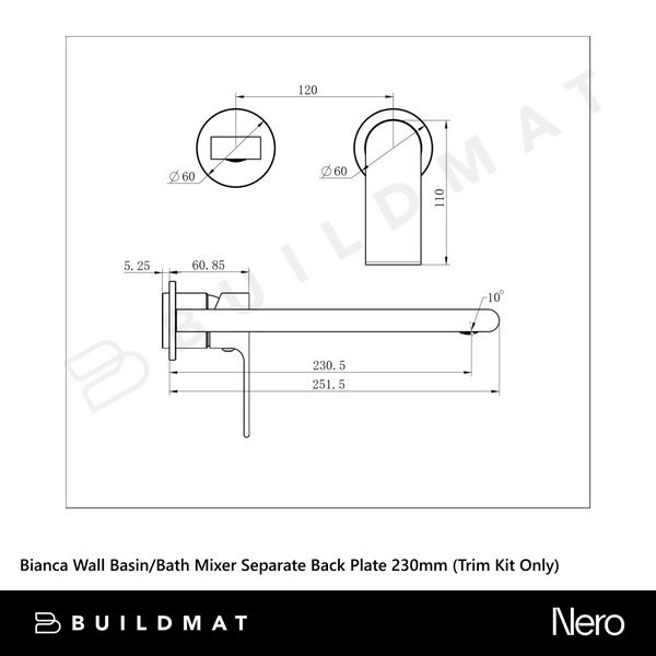 Nero Bianca Wall Basin/Bath Mixer Separate Back Plate 230mm (Trim Kit Only) Brushed Gold