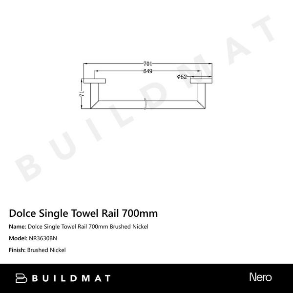Nero Dolce Single Towel Rail 700mm Brushed Nickel