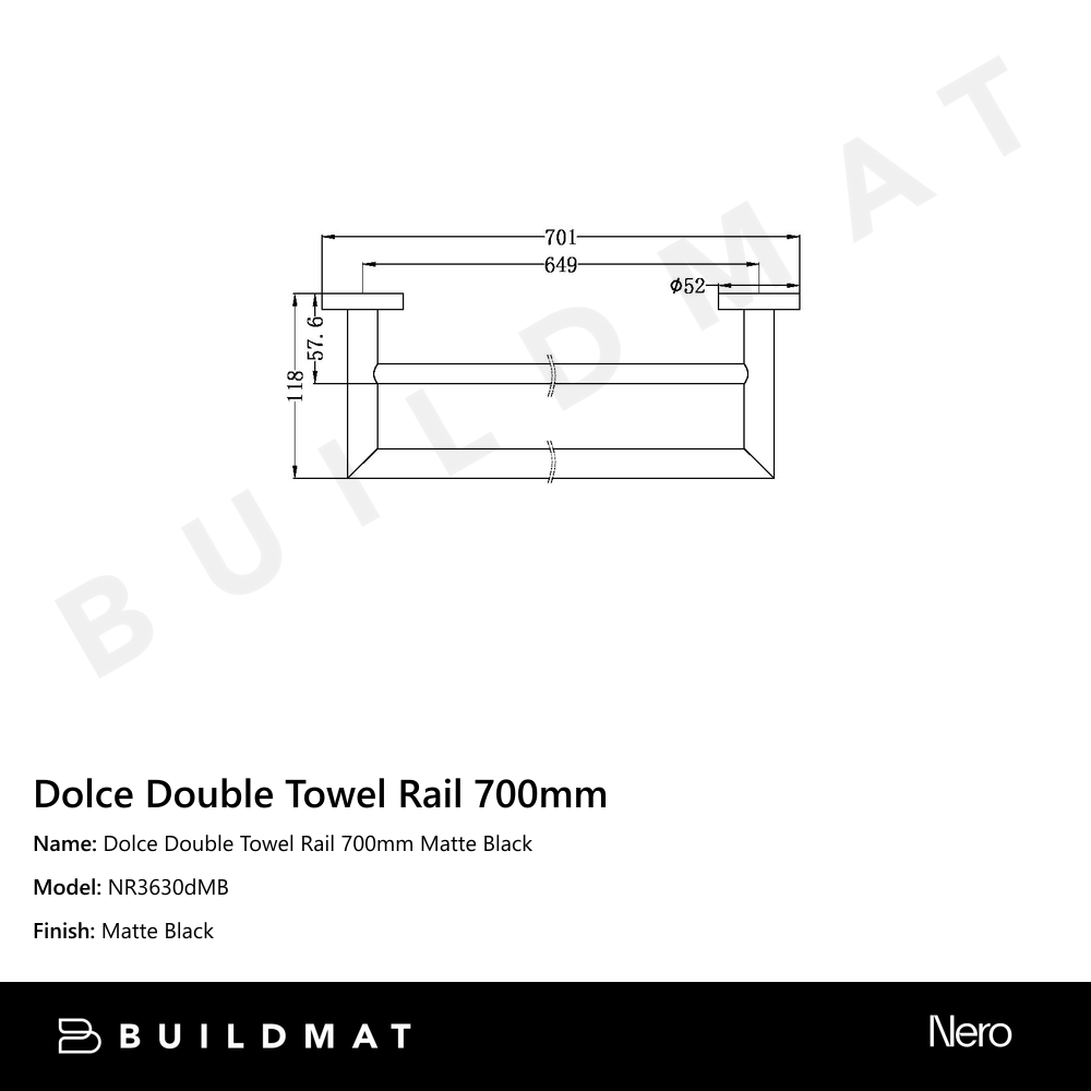 Nero Dolce Double Towel Rail 700mm Matte Black Buildmat