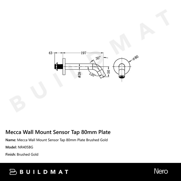 Nero Mecca Wall Mount Sensor Tap 80mm Plate Brushed Gold