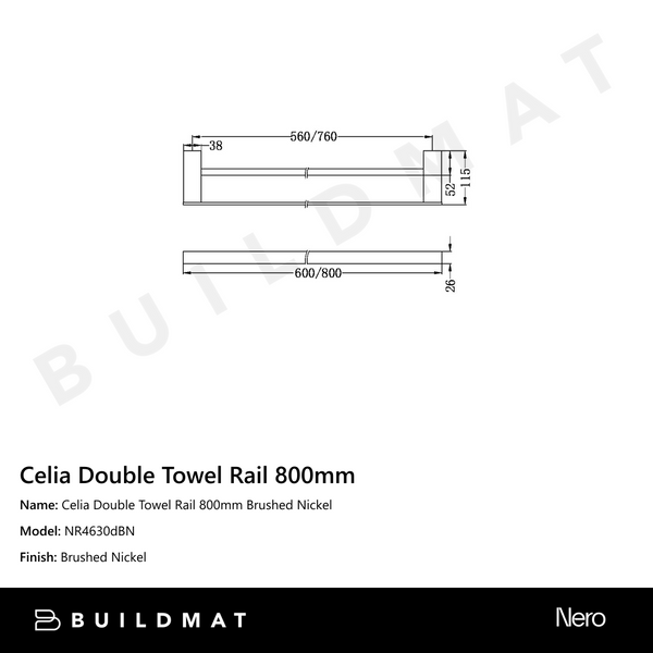 Nero Celia Double Towel Rail 800mm Brushed Nickel
