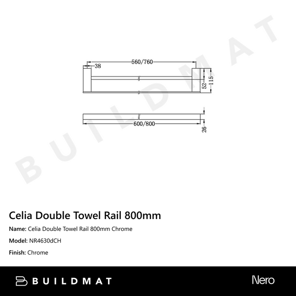 Nero Celia Double Towel Rail 800mm Chrome