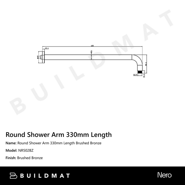Nero Round Shower Arm 330mm Length Brushed Bronze