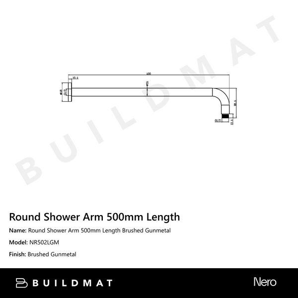 Nero Round Shower Arm 500mm Length Gun Metal