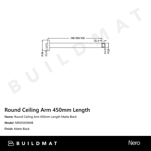 Nero Round Ceiling Arm 450mm Length Matte Black