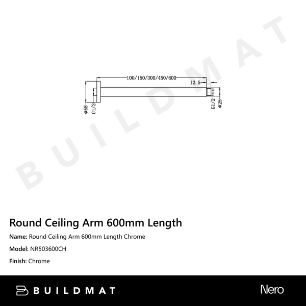 Nero Round Ceiling Arm 600mm Length Chrome