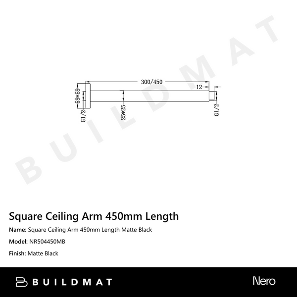 Nero Square Ceiling Arm 450mm Length Matte Black