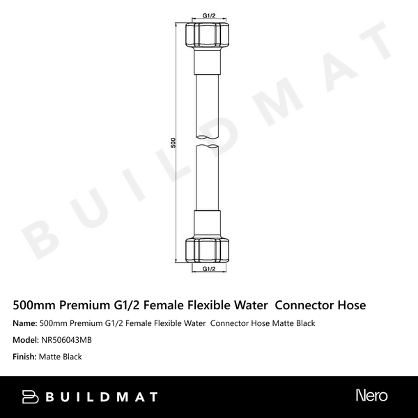 Nero 500mm Premium G1/2 Female Flexible Water Connector Hose Matte Black