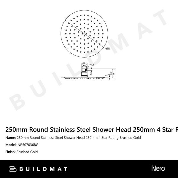 Nero 250mm Round Stainless Steel Shower Head 250mm 4 Star Rating Brushed Gold