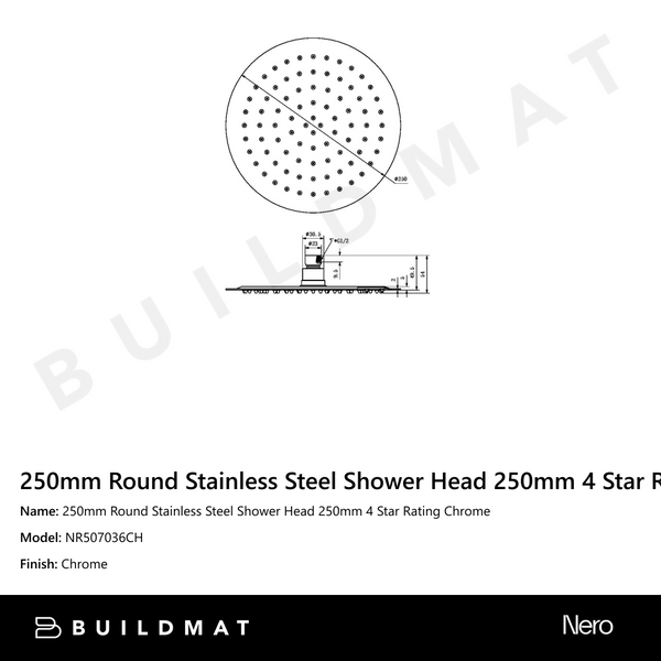 Nero 250mm Round Stainless Steel Shower Head 250mm 4 Star Rating Chrome