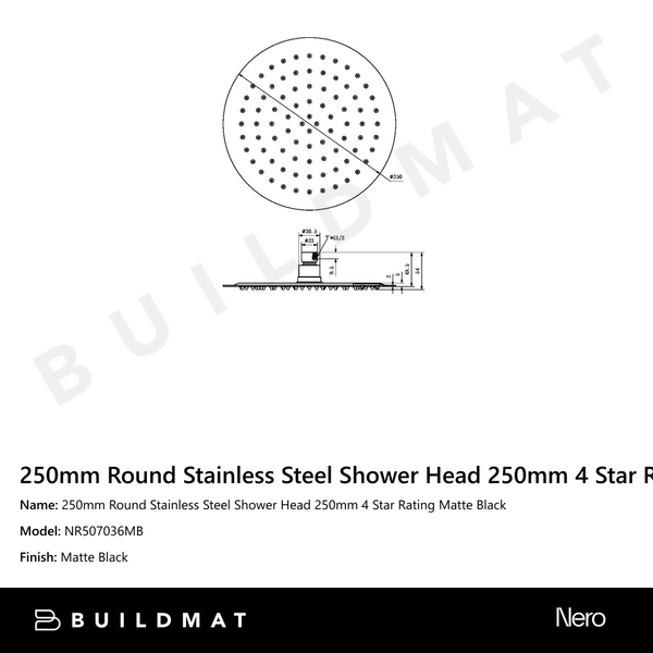 Nero 250mm Round Stainless Steel Shower Head 250mm 4 Star Rating Matte Black
