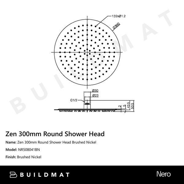 Nero Zen 300mm Round Shower Head Brushed Nickel