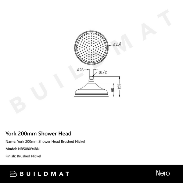 Nero York 200mm Shower Head Brushed Nickel