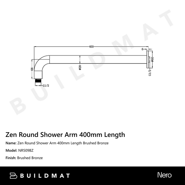 Nero Zen Round Shower Arm 400mm Length Brushed Bronze
