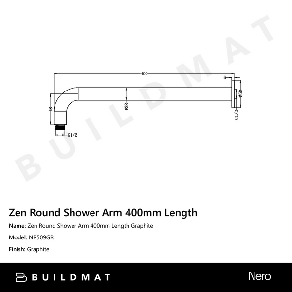Nero Zen Round Shower Arm 400mm Length Graphite