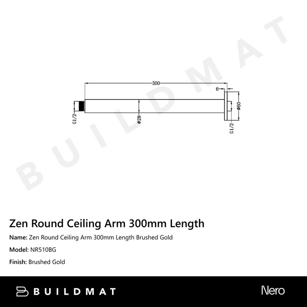Nero Zen Round Ceiling Arm 300mm Length Brushed Gold