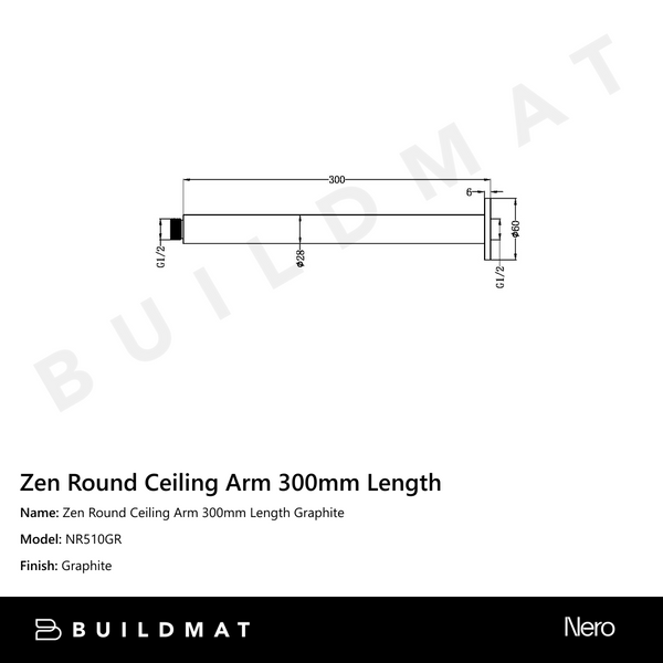 Nero Zen Round Ceiling Arm 300mm Length Graphite