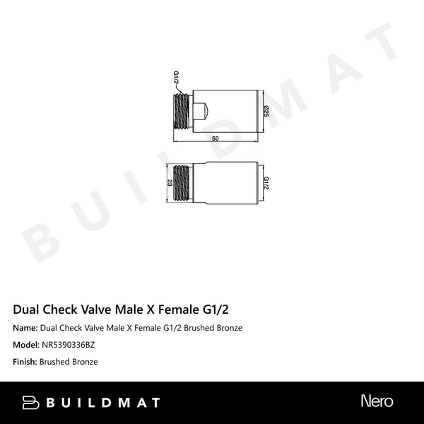 Nero Dual Check Valve Male X Female G1/2 Brushed Bronze