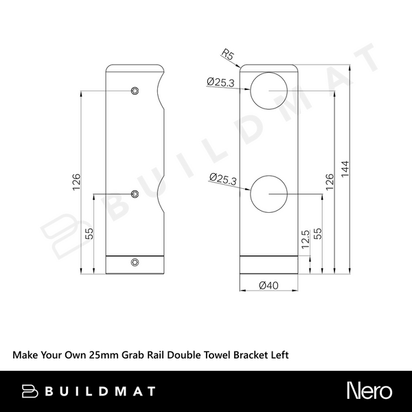 Nero Mecca Care Make Your Own 25mm Grab Rail Double Towel (Left) Bracket Brushed Gold