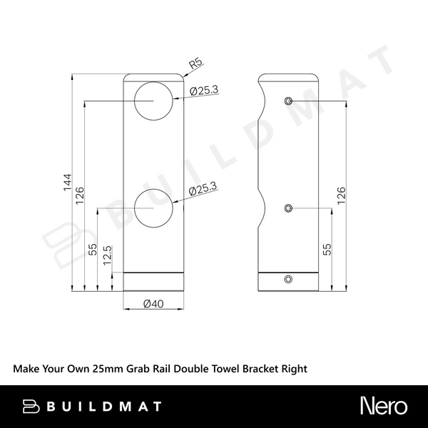 Nero Mecca Care Make Your Own 25mm Grab Rail Double Towel (Right) Bracket Brushed Gold