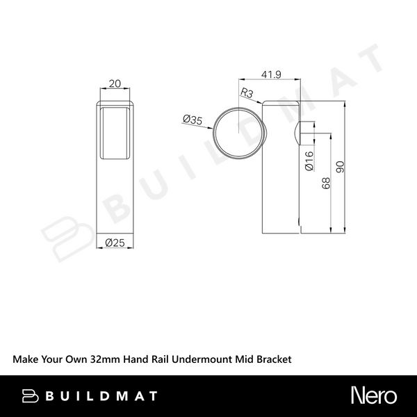 Nero Mecca Care Make Your Own 32mm Hand Rail Undermount Mid Bracket Brushed Gold