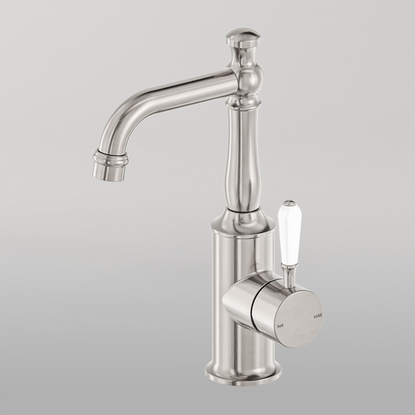 Nero York Basin Mixer With White Porcelain Lever Brushed Nickel