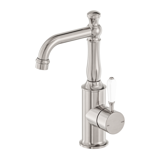 Nero York Basin Mixer With White Porcelain Lever Brushed Nickel